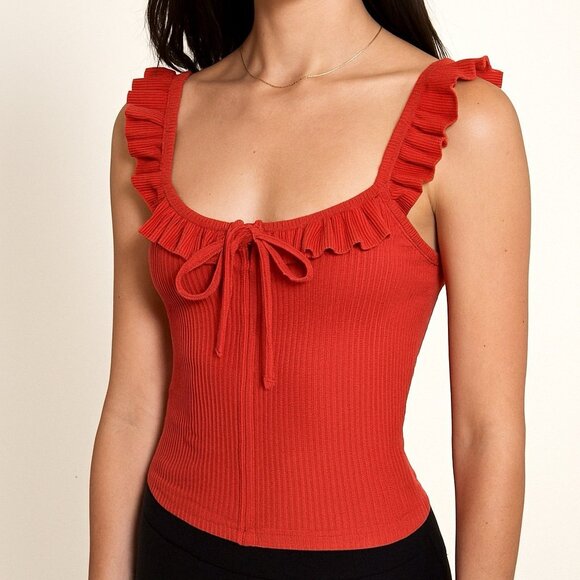 Red Ribbed Ruffle Strap Crop Tank Top | Stretch Knit Fitted Sleeveless Blouse - Picture 1 of 7